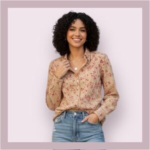 Anthropologie Odille Gingham Embroidered Eyelet Long Sleeve Shirt Size 2